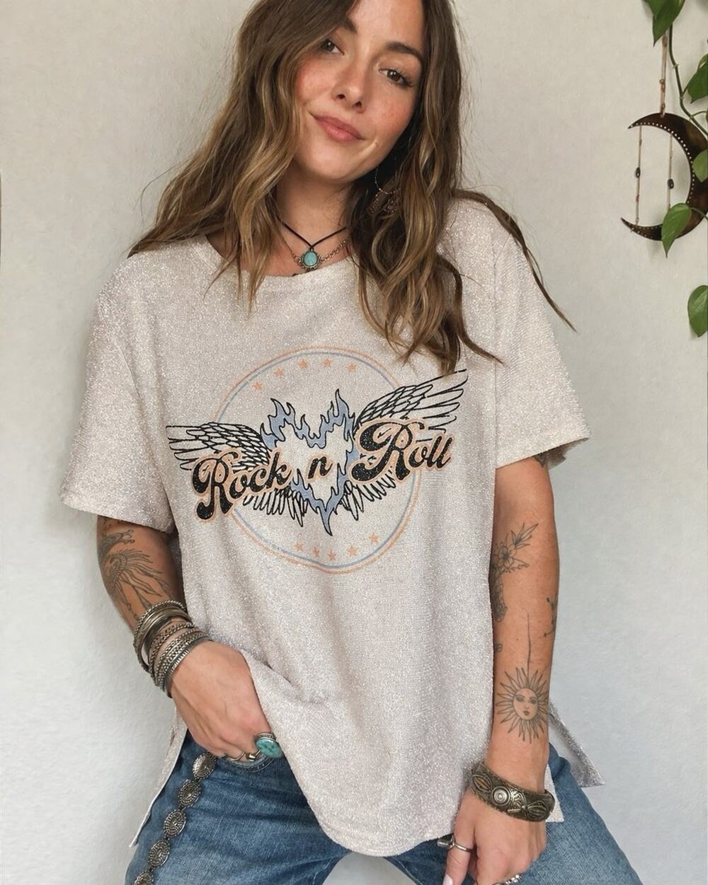 Arula Rock n Roll Graphic Tee XL 1X Metallic Cream Sparkle Boho Y2K Festival